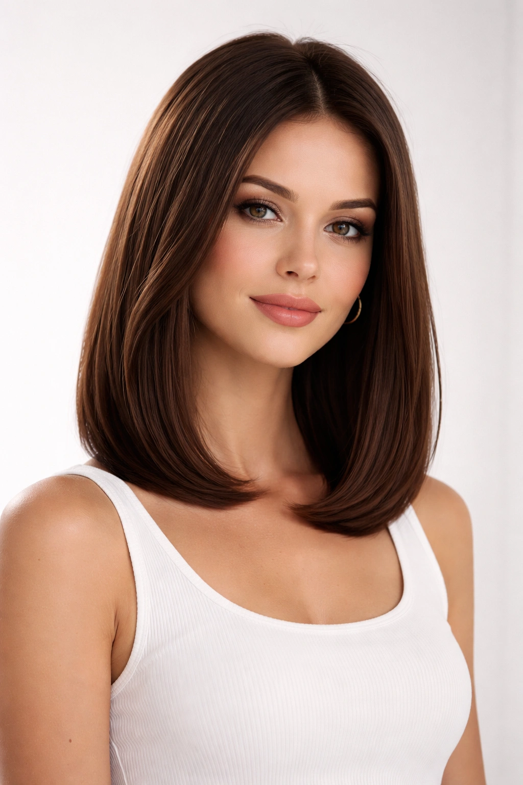 Model with sleek straight lob and rounded ends, glossy hair and studio lighting
