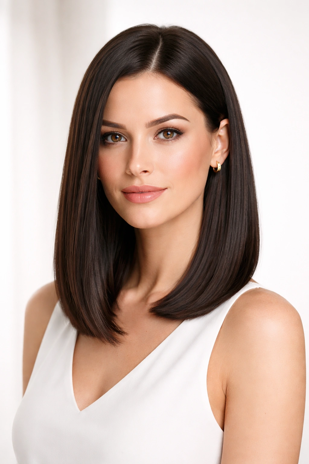 Woman with sleek, straight shoulder-length hair and glossy finish