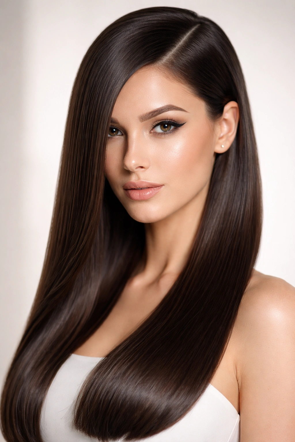 Close-up of sleek straight hair with a razor-sharp side part and mirror-like shine
