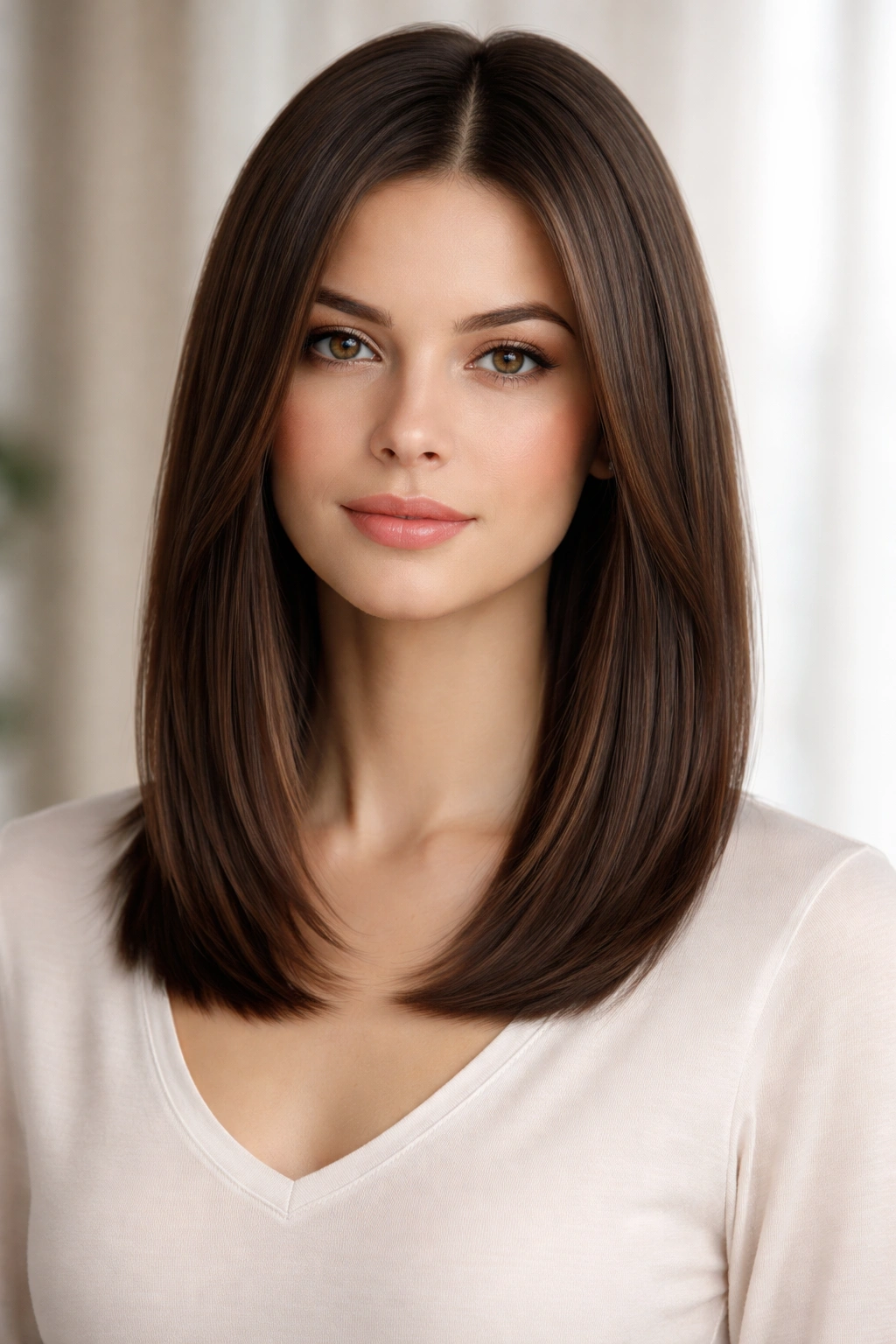 Sleek shoulder-length hair with subtle interior layers for gentle movement