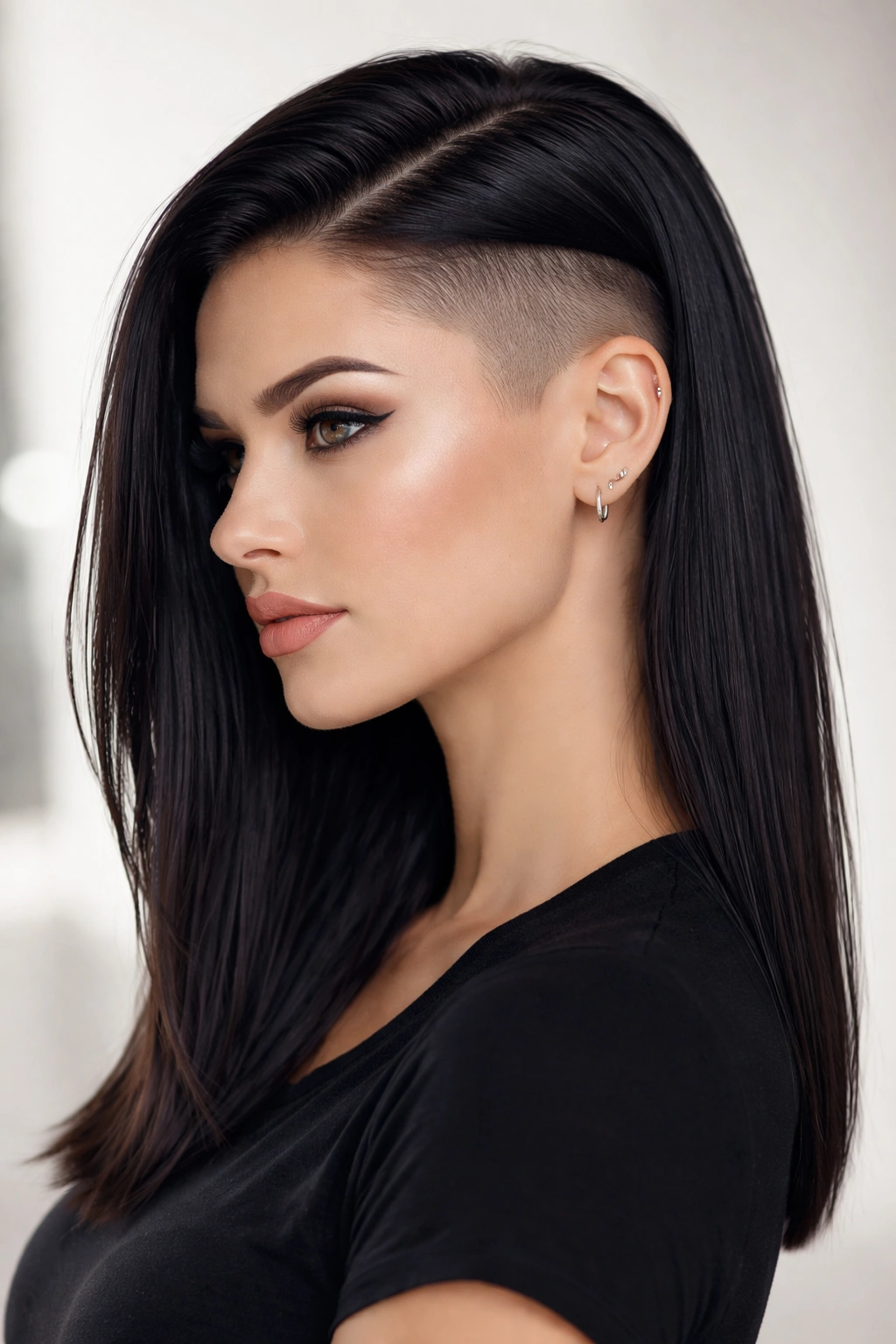 Portrait of sleek straight hair with a stark undercut