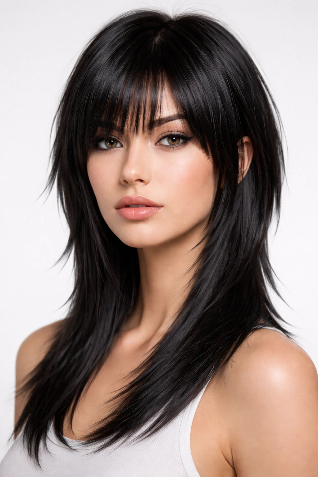 Head-and-shoulders portrait of a sleek straight wolf cut with crisp geometric layers.