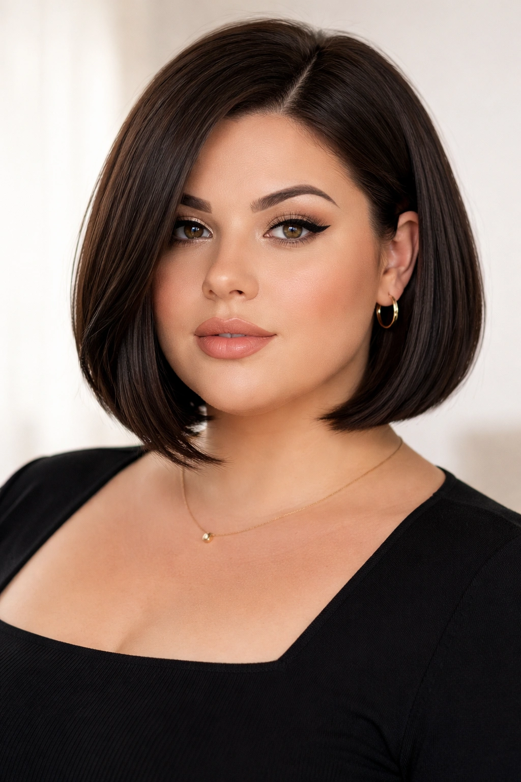 Portrait of plus-size model with sleek structured bob and front framing pieces