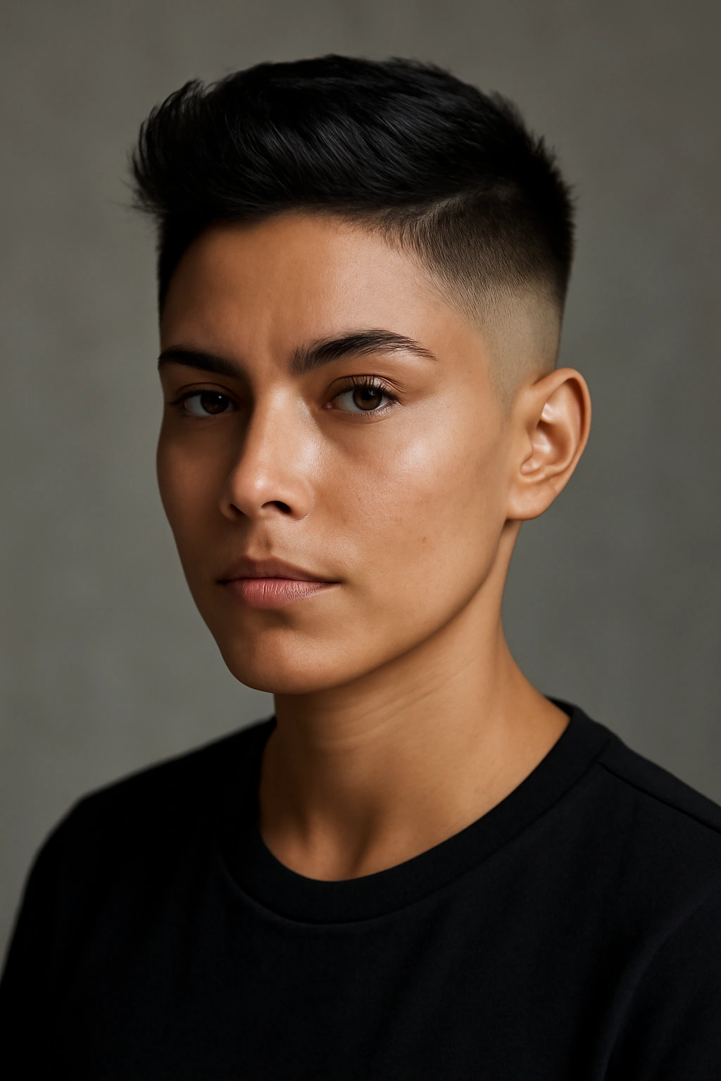 12 Short Haircuts Latina Women Are Asking For Now 4 Latina woman with sleek tapered fade showing top volume and skin-level fade