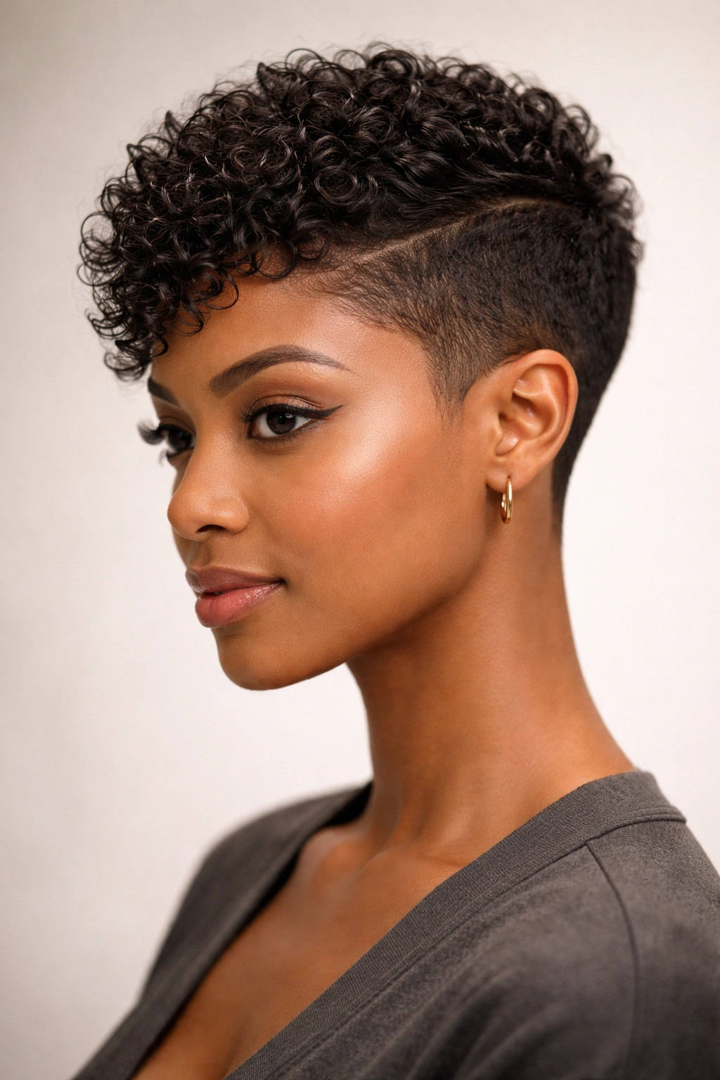 Close-up of a sleek tapered pixie with precise angles and quilted curl pattern.