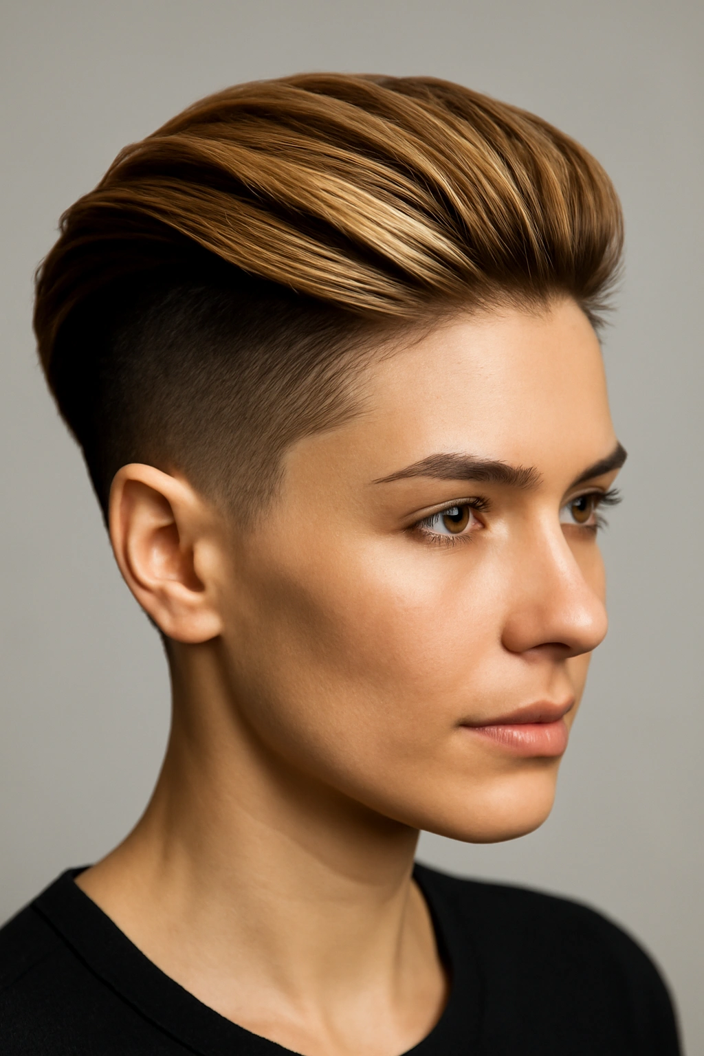 15 Short Haircuts That Look Stunning With Caramel Highlights 4 Architectural sleek undercut with caramel on top and dark sides