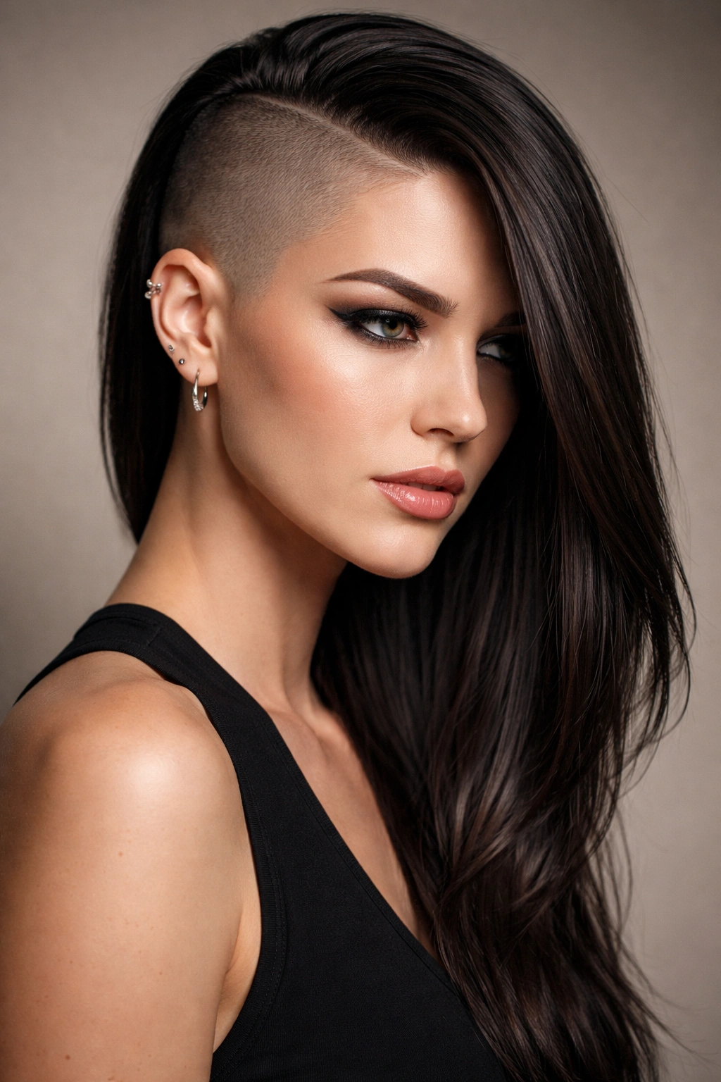 Close-up profile of a model with a shaved side and a long, straight shoulder-length lock sweeping across.