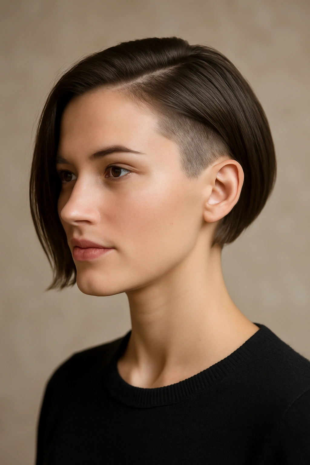 10 Undercut Styles From Subtle To Bold For Women 6 Portrait of a woman with a sleek chin-length top and undercut