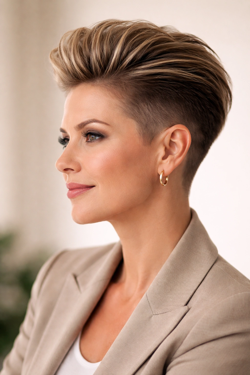 Woman with a sleek undercut and longer top hairstyle displayed in a studio setting