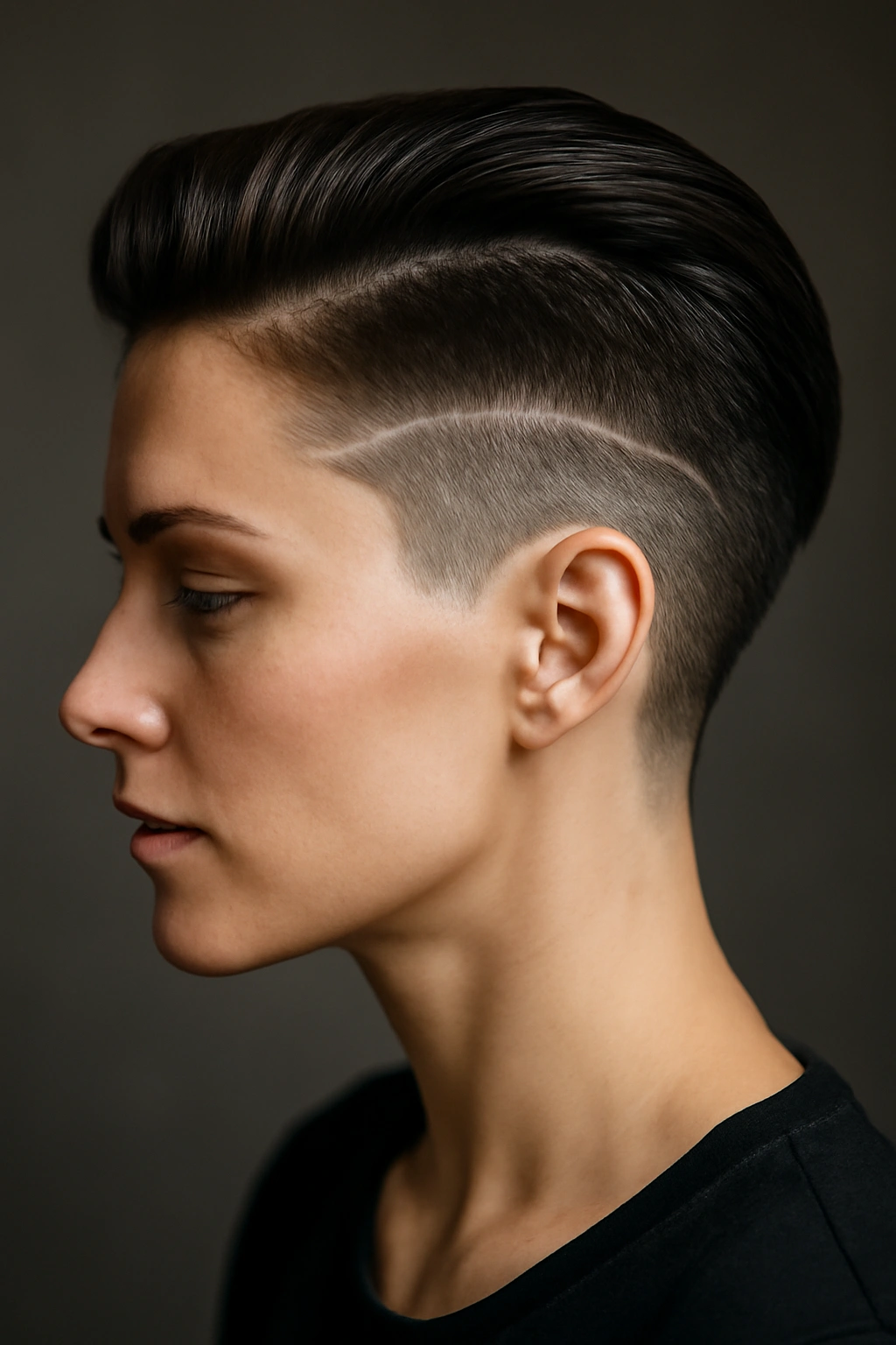 10 Date Night Hairstyles That Suit Short Hair 5 Profile view of a short hairstyle featuring a sleek undercut and shaved detail.