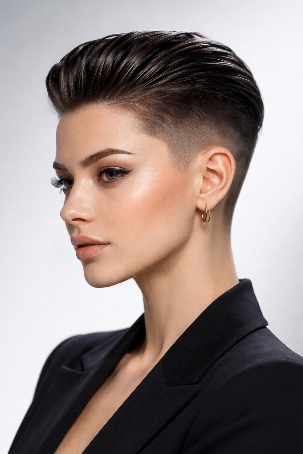 Sleek undercut with slicked-back top and glossy finish.