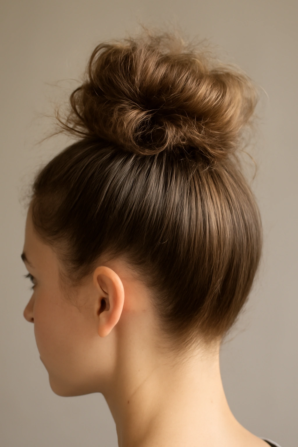 8 Messy Bun Ideas for Short Hair That Actually Stay 6 Two-layer bun with a sleek underside and fluffy top on short hair