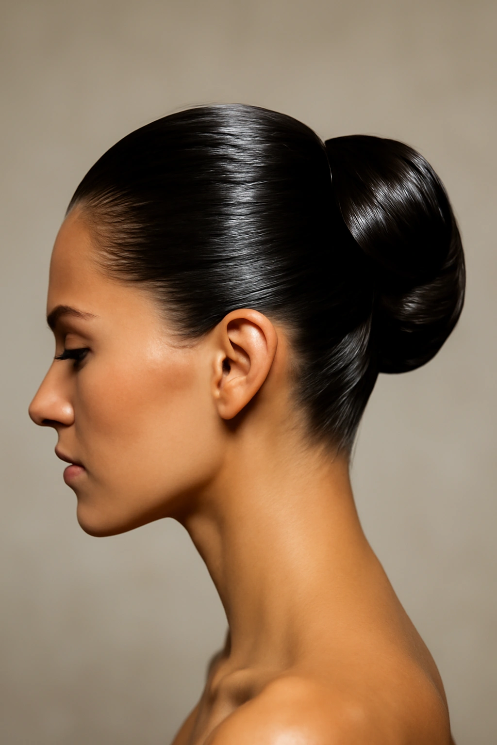 Close-up of a glossy sleek wet-look updo with a smooth, high bun