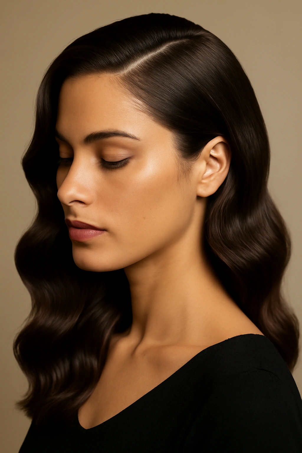 15 Natural Wavy Hairstyles You Can Air Dry Easily 7 Close-up of glossy wavy hair with a deep side part in a neutral studio