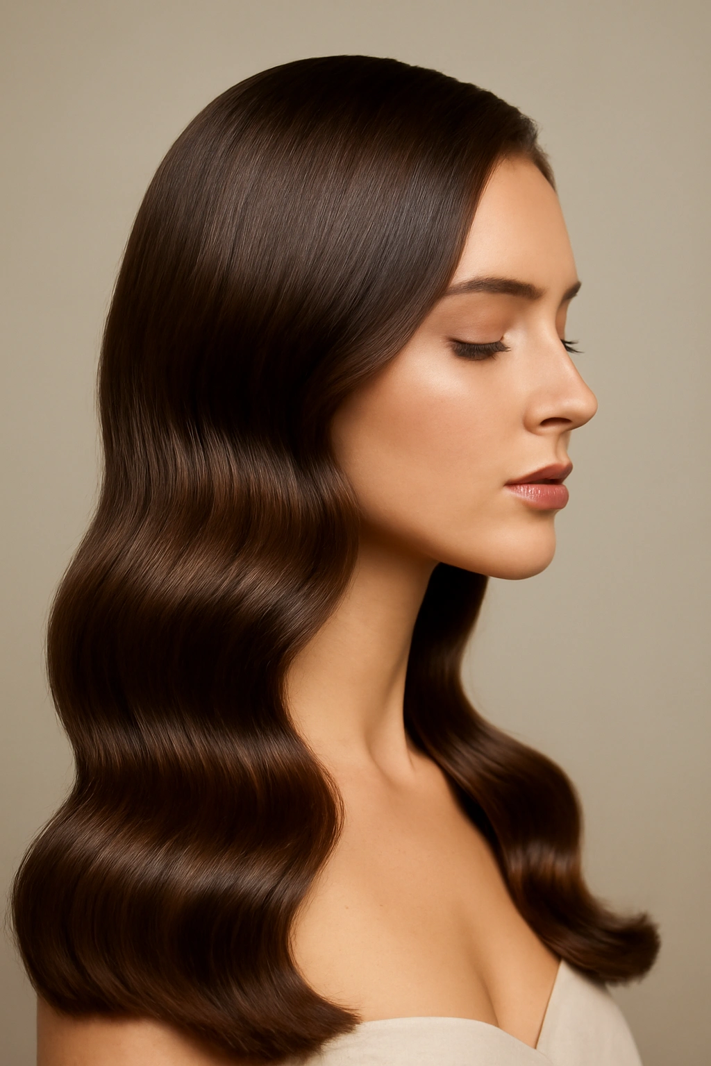 20 Wedding Hairstyles Matched to Your Hair Type 20 Close-up profile of glossy, sleek waves suited for all hair types, studio lighting.