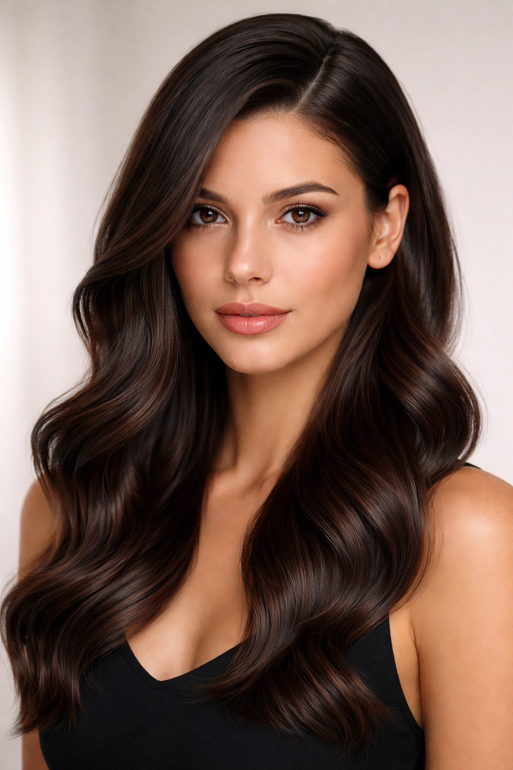Head-and-shoulders shot with dramatic off-center part and sleek glossy waves