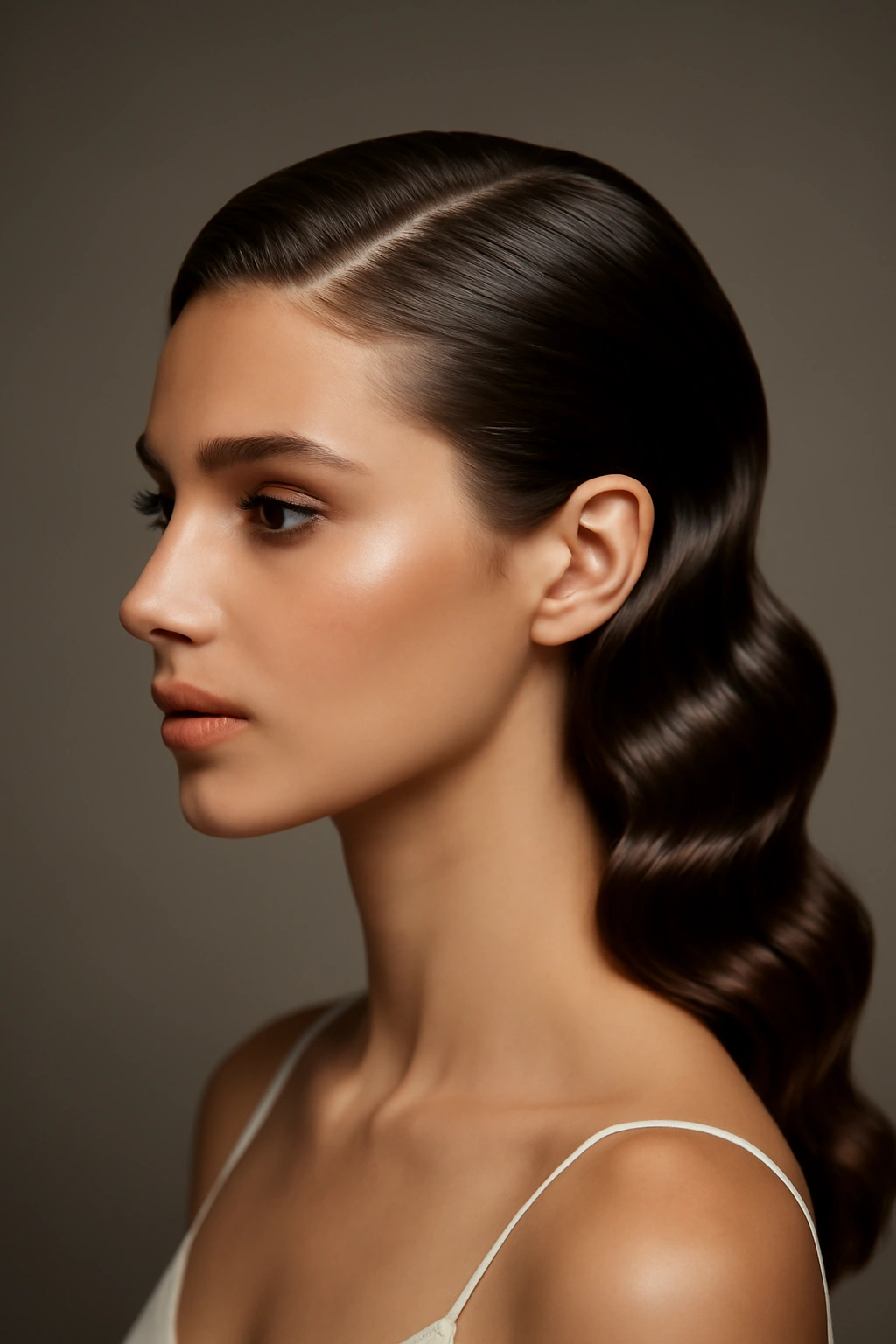 12 Dreamy Wavy Wedding Hairstyles for Every Length 11 Sleek, slicked-back waves exposing face and neckline in bridal portrait