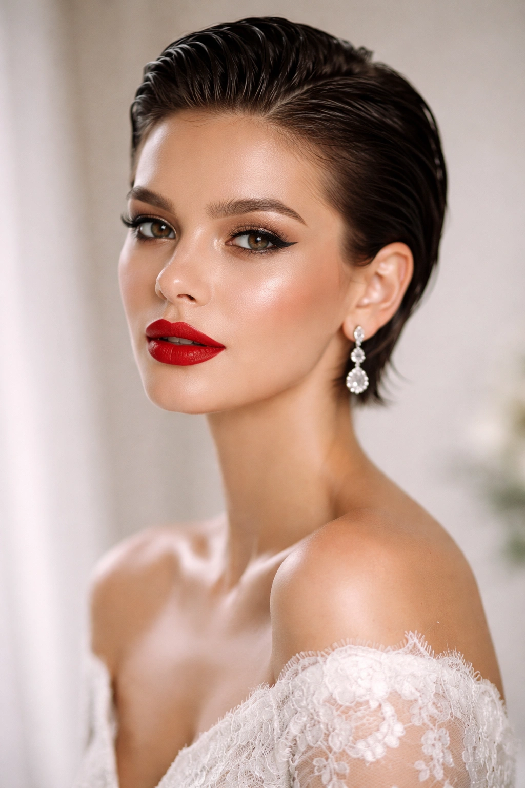 Bride with sleek wet-look hair and bold lip close-up