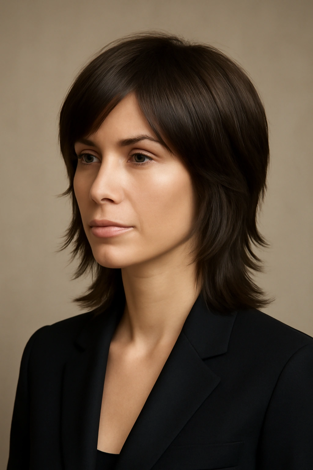 12 Wolf Cuts That Make Short Hair Look So Cool 8 Portrait of sleek, blended wolf cut with polished finish