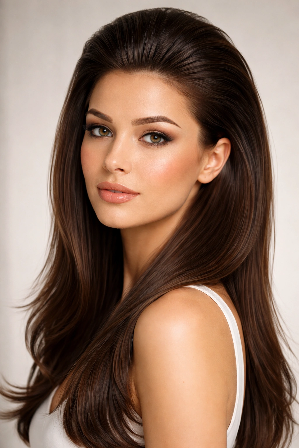 Long glossy hair slicked back with crown volume and smooth sides