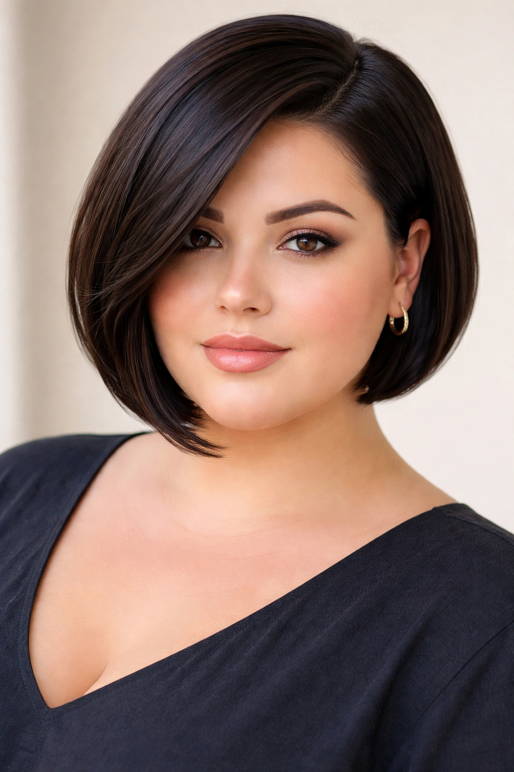 Portrait of a person with a sleek short bob and side part.