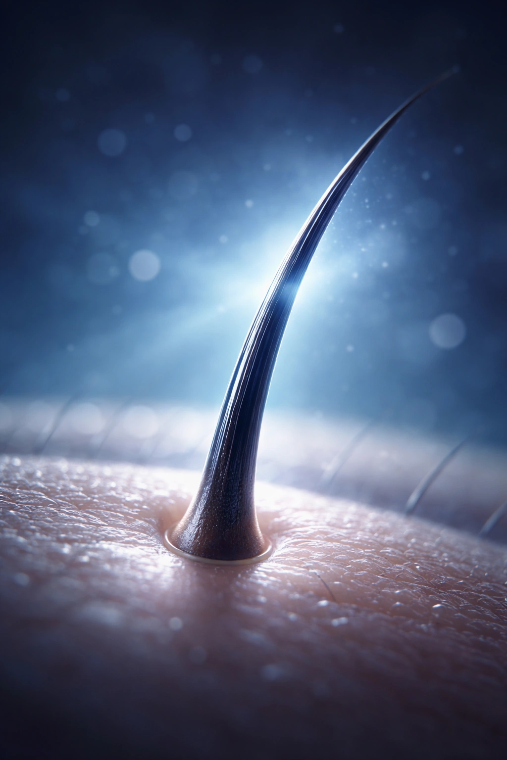 Macro close-up of a hair follicle and shaft with sleep-inspired lighting