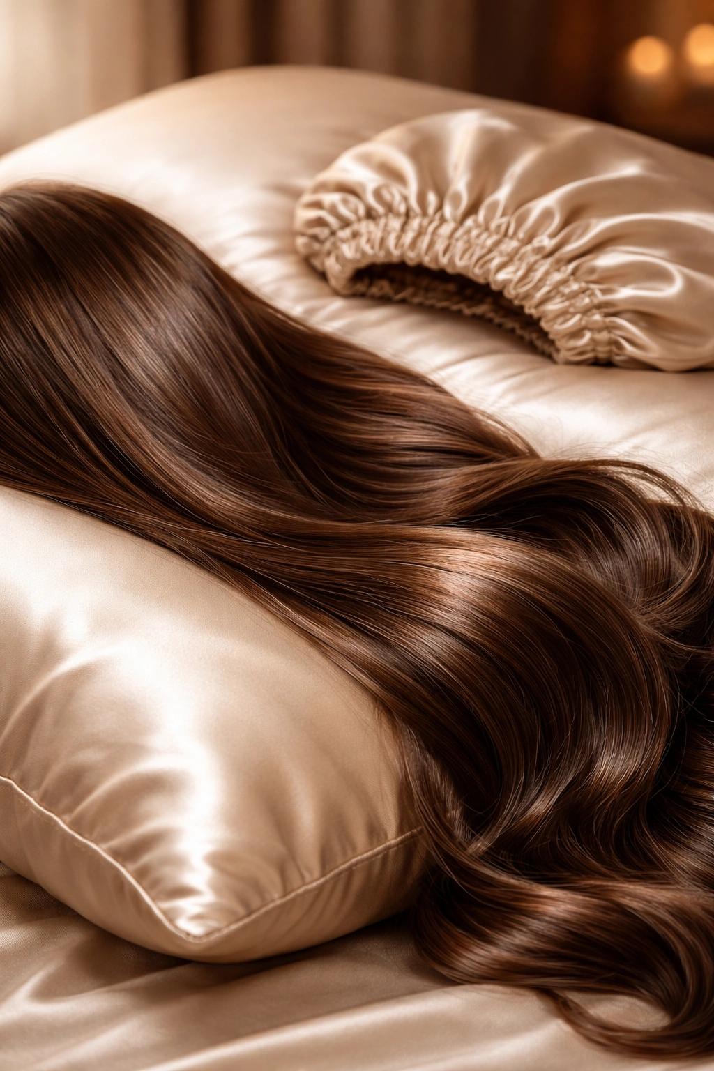 Close-up of hair on silk pillowcase with bonnet, illustrating sleep-time hair protection