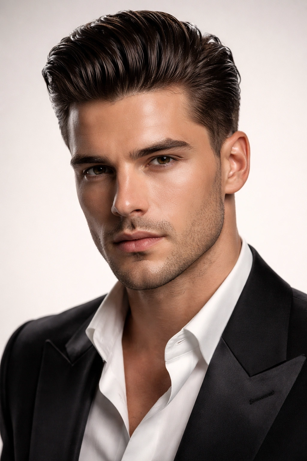Head-and-shoulders portrait of a male with a glossy slicked-back hairstyle and thick top