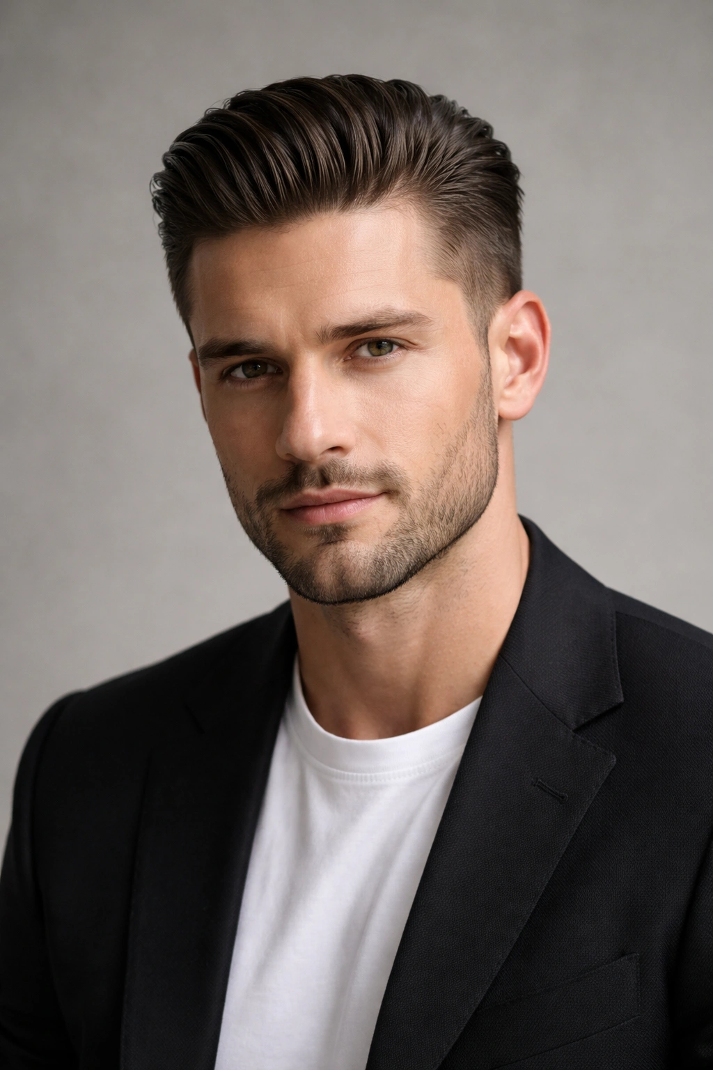 Close-up of a man with The Slick Back with Taper: tapered sides and 1.5-2 inch top, polished.