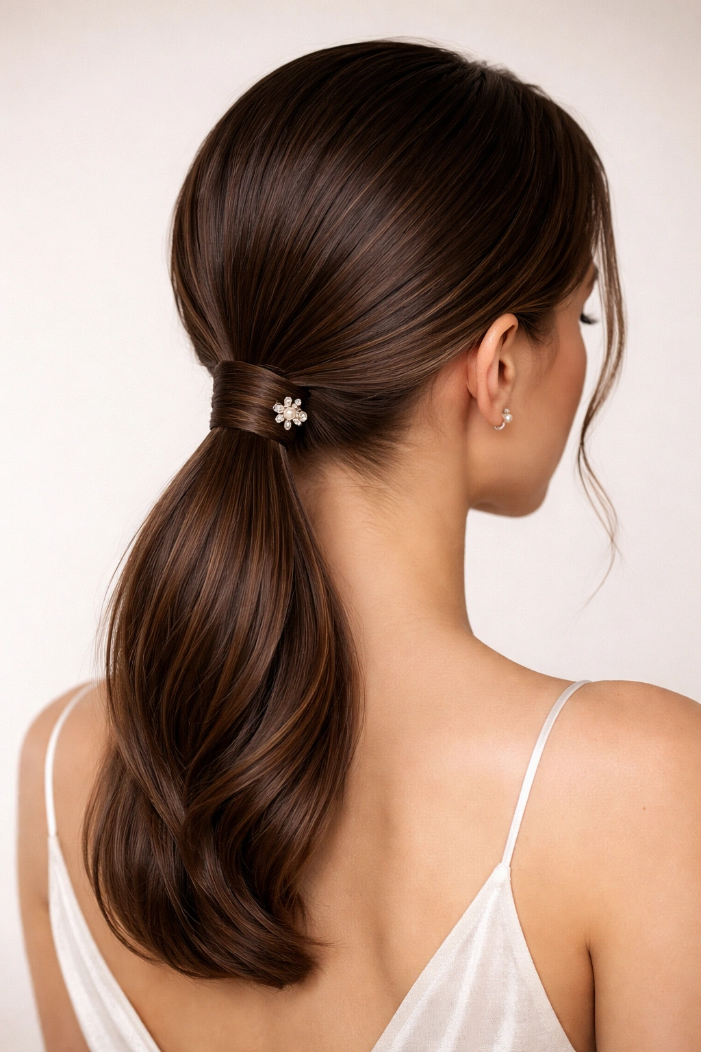 Sleek low ponytail with wrapped elastic and decorative clip