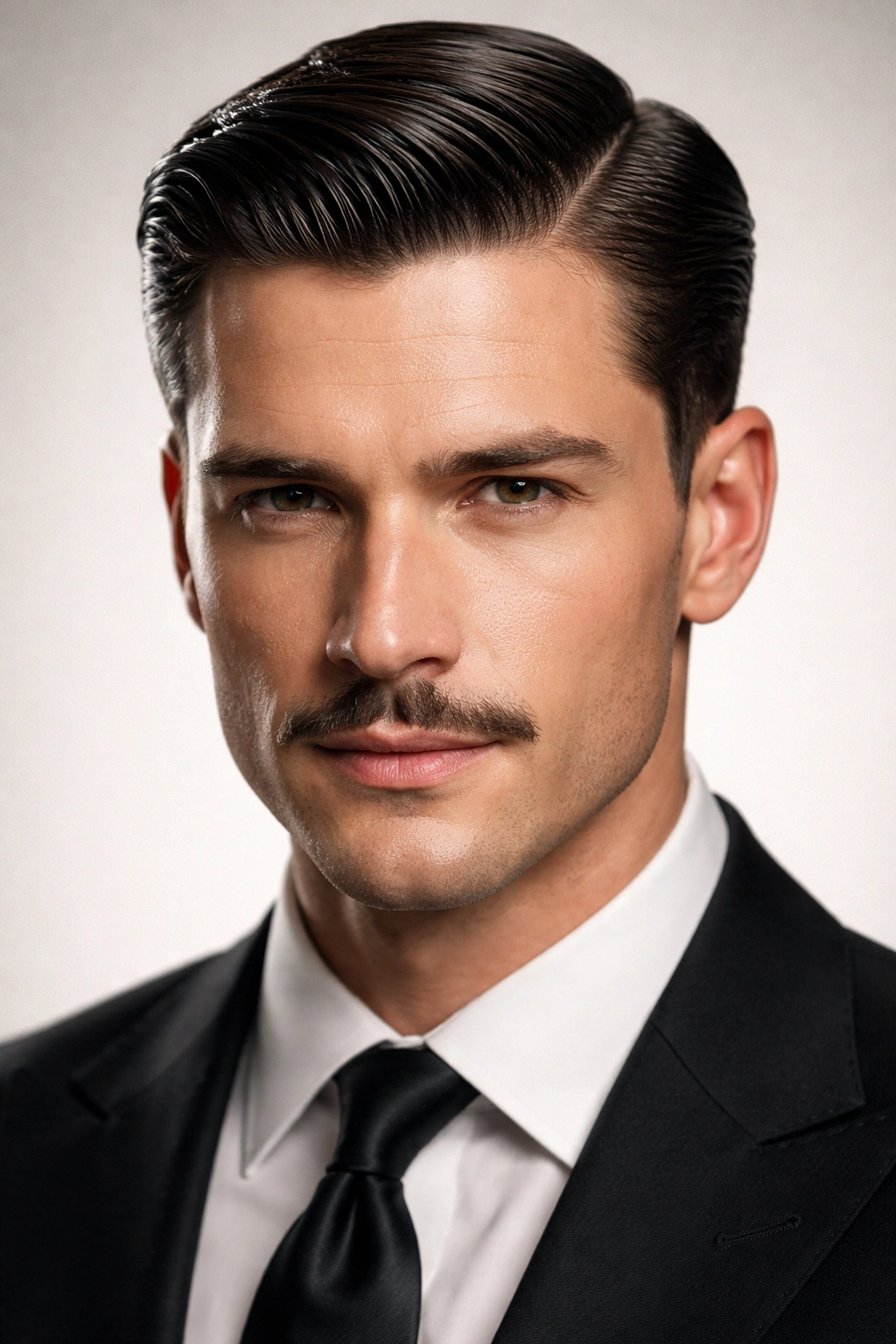 Close-up portrait of a man with a slick side part and a slim pencil mustache.