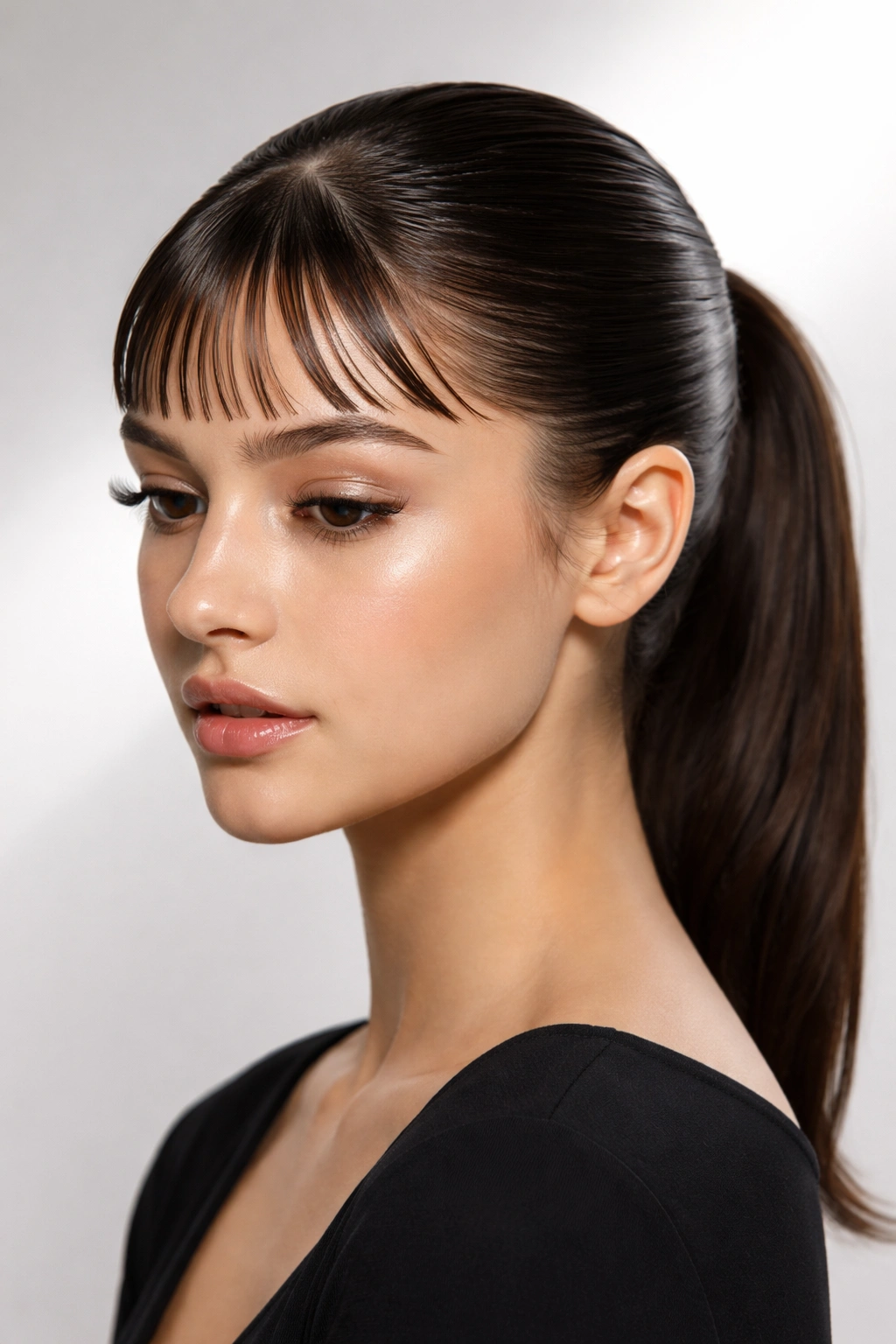 Sleek slicked-back hairstyle with baby bangs in a studio