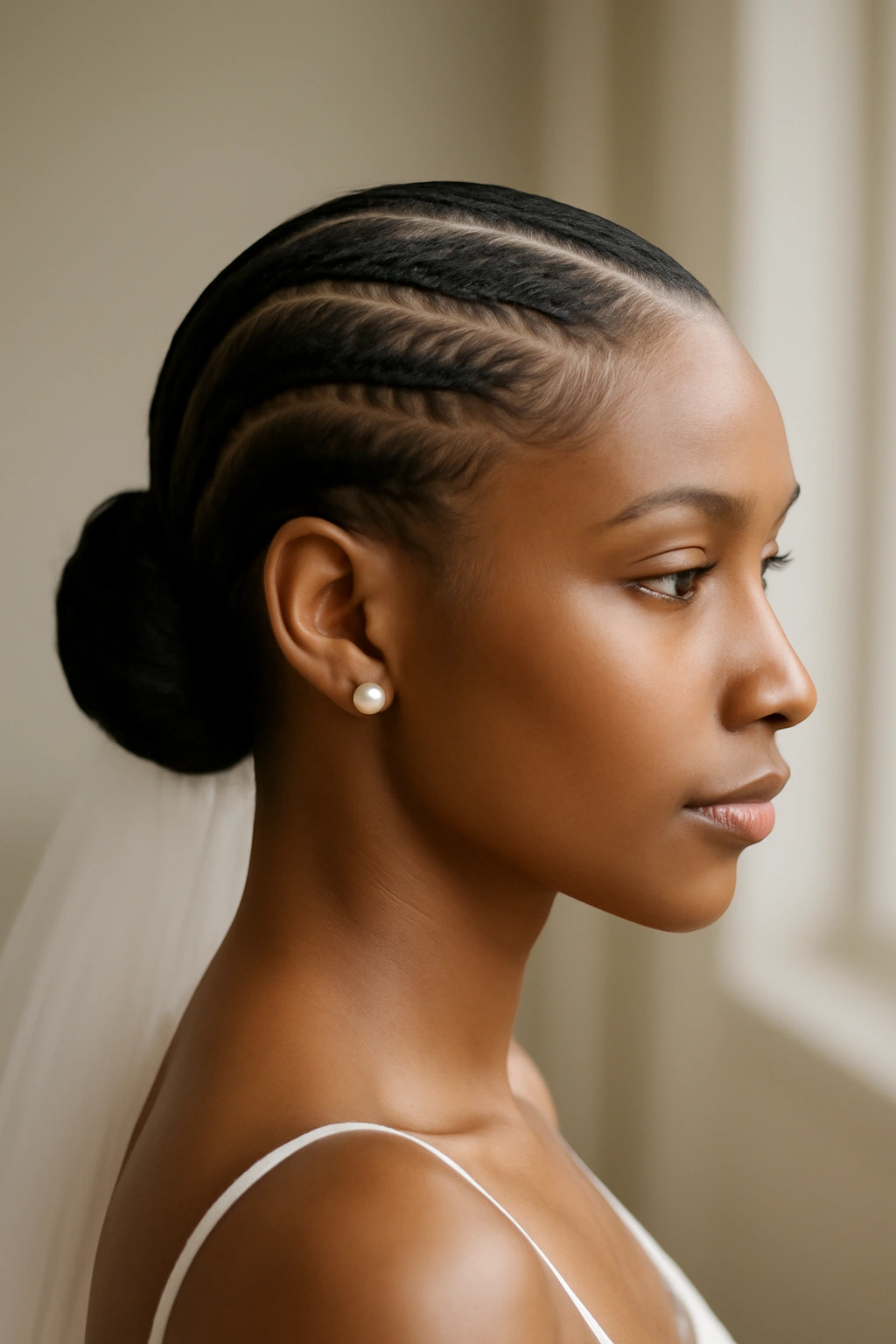 10 Short Hair Wedding Styles Black Brides Will Love 8 Slicked-back bridal hairstyle with thin baby braids on short hair.