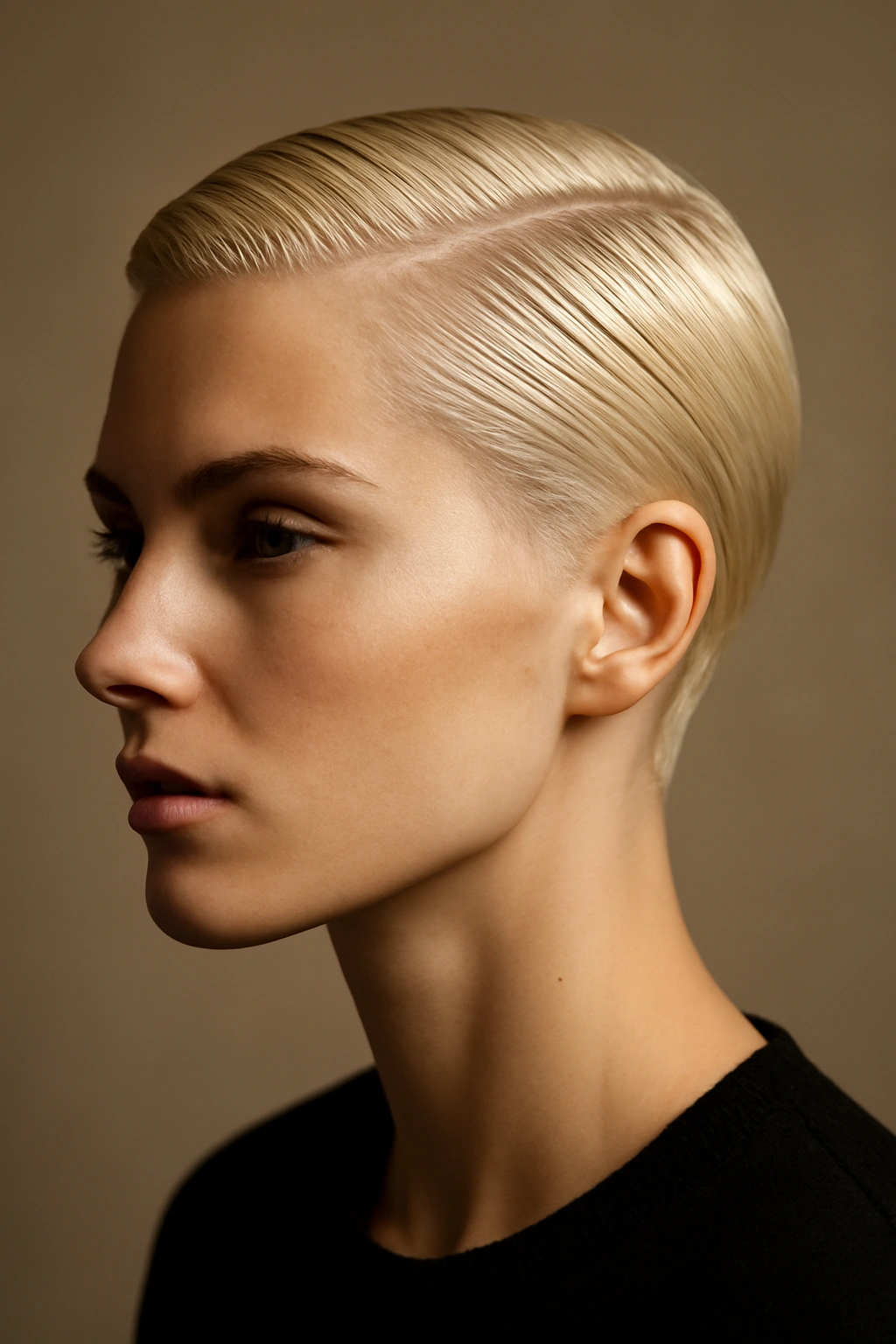 15 Short Blonde Haircuts to Bring to Your Next Appointment 13 Close-up of a platinum blonde slicked-back short cut with a glossy, sculpted finish