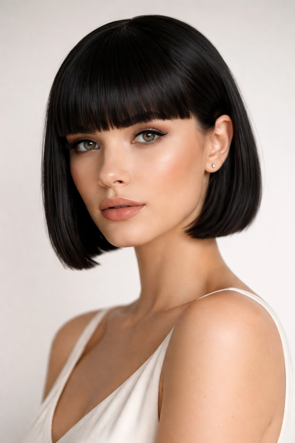 15 Medium Short Haircuts With Bangs That Flatter 10 Front view of a sleek bob with straight bangs and glossy finish.