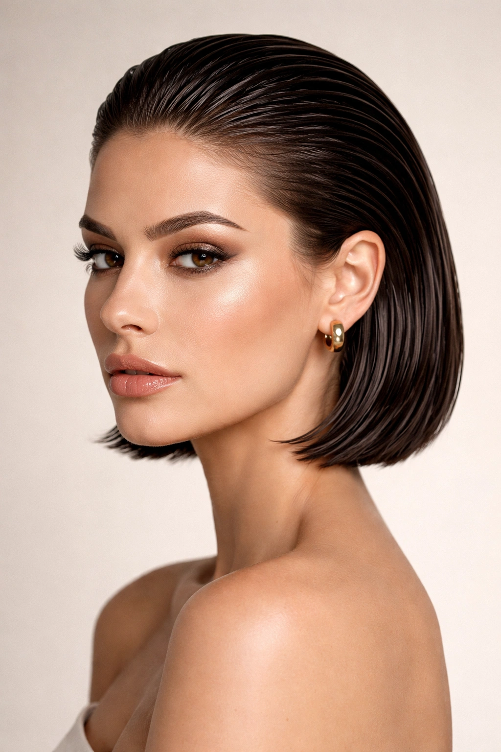 Close-up of a person with a sleek, glossy Slicked-Back Bob and back-swept style
