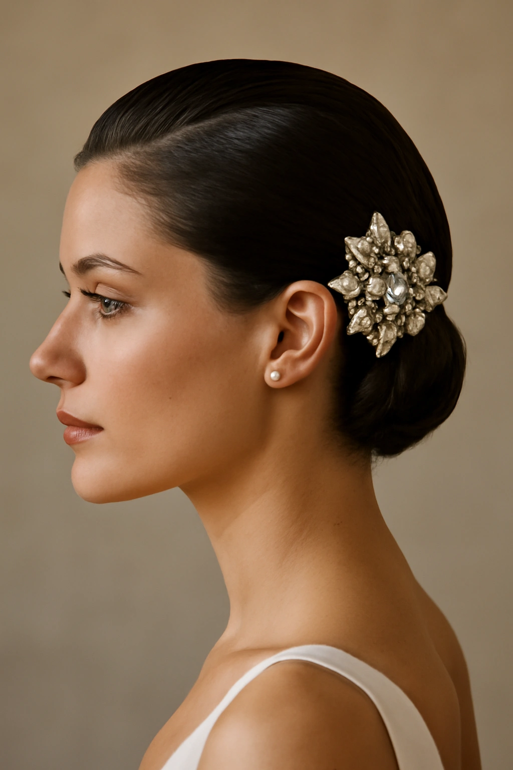 10 Simple Wedding Hairstyles for Short Hair Brides 8 Bride with slicked-back hair and a bold decorative headpiece.