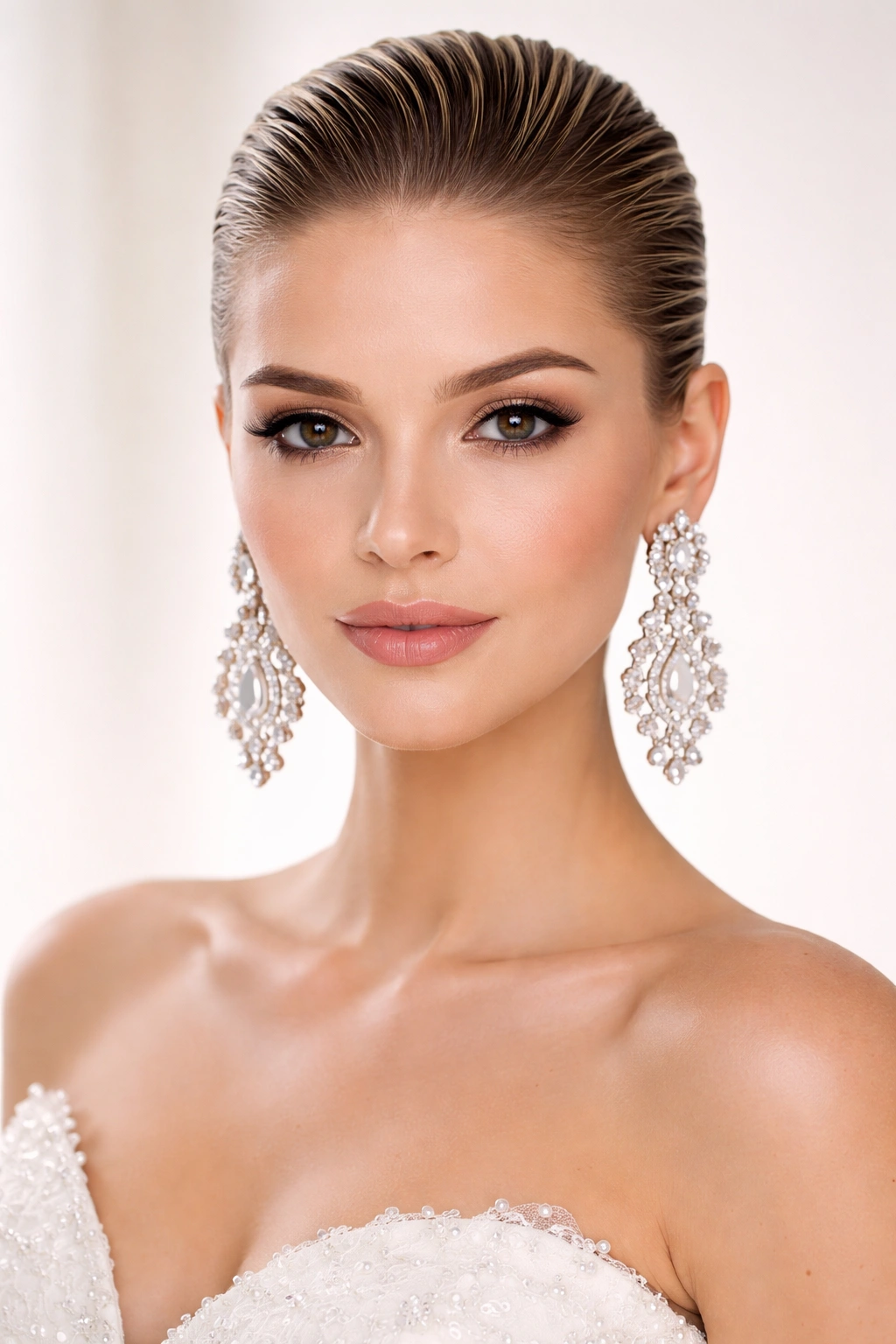 Portrait of a bride with slicked-back high-shine hair and bold earrings