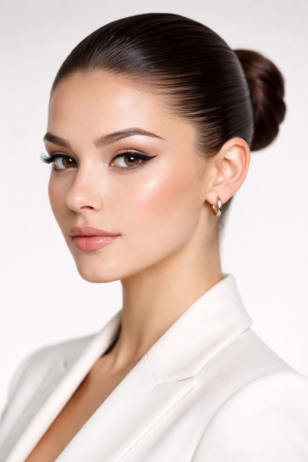 Glossy slicked-back bun with smooth hair and minimal flyaways.