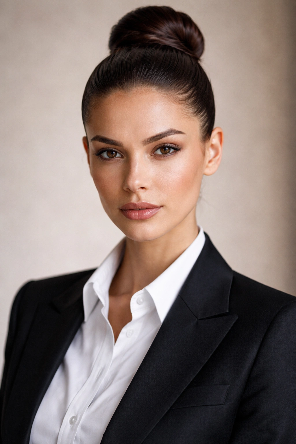 Slicked-back high bun with glossy finish.