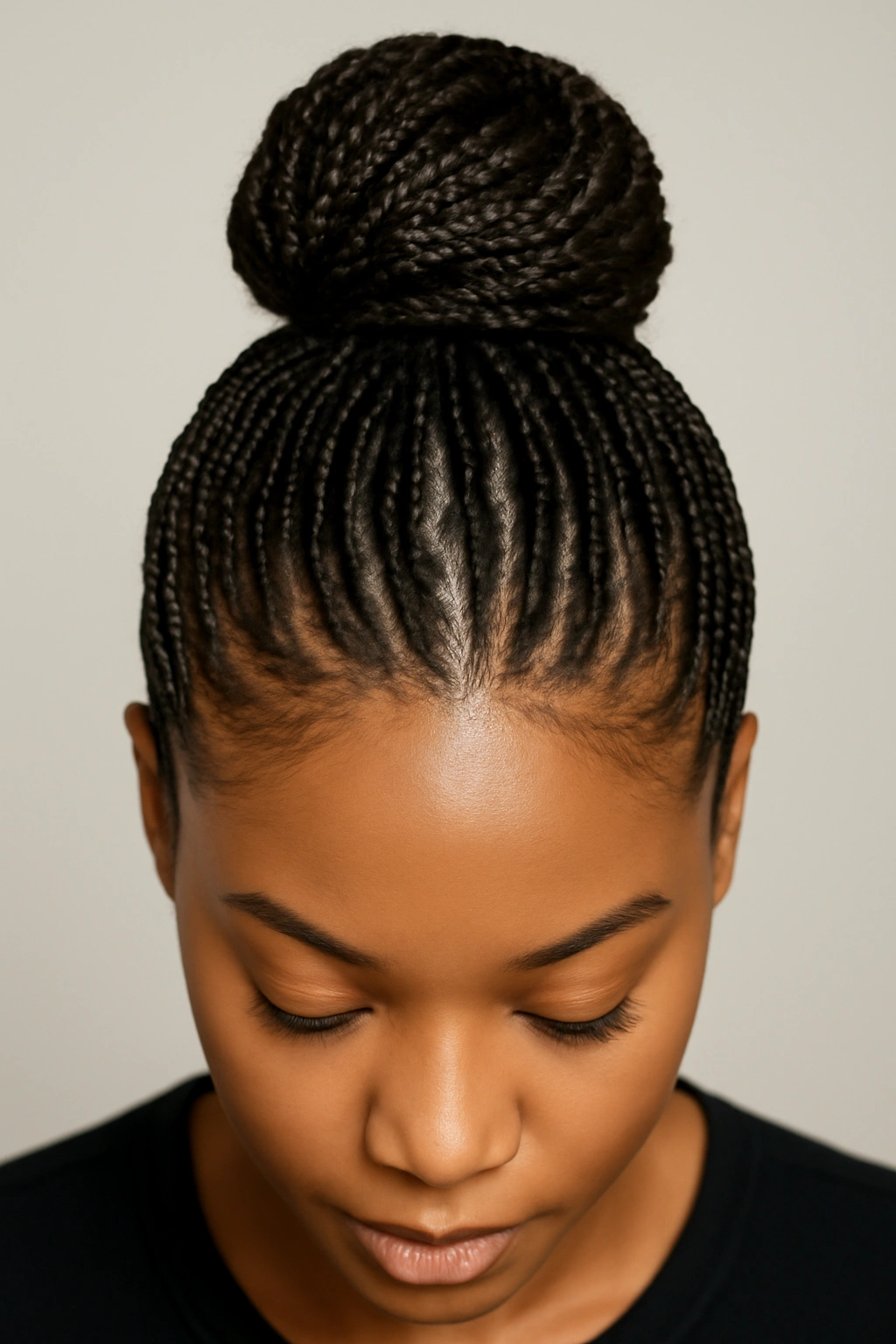 Glossy slicked-back high bun made from short box braids