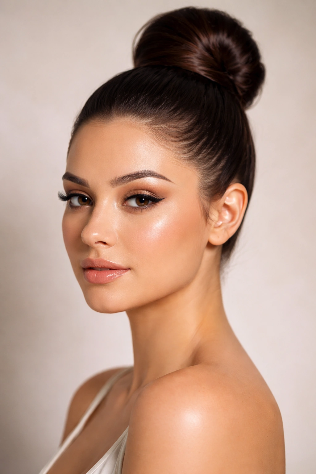 Slicked-back high bun hairstyle with crown-height and glossy finish