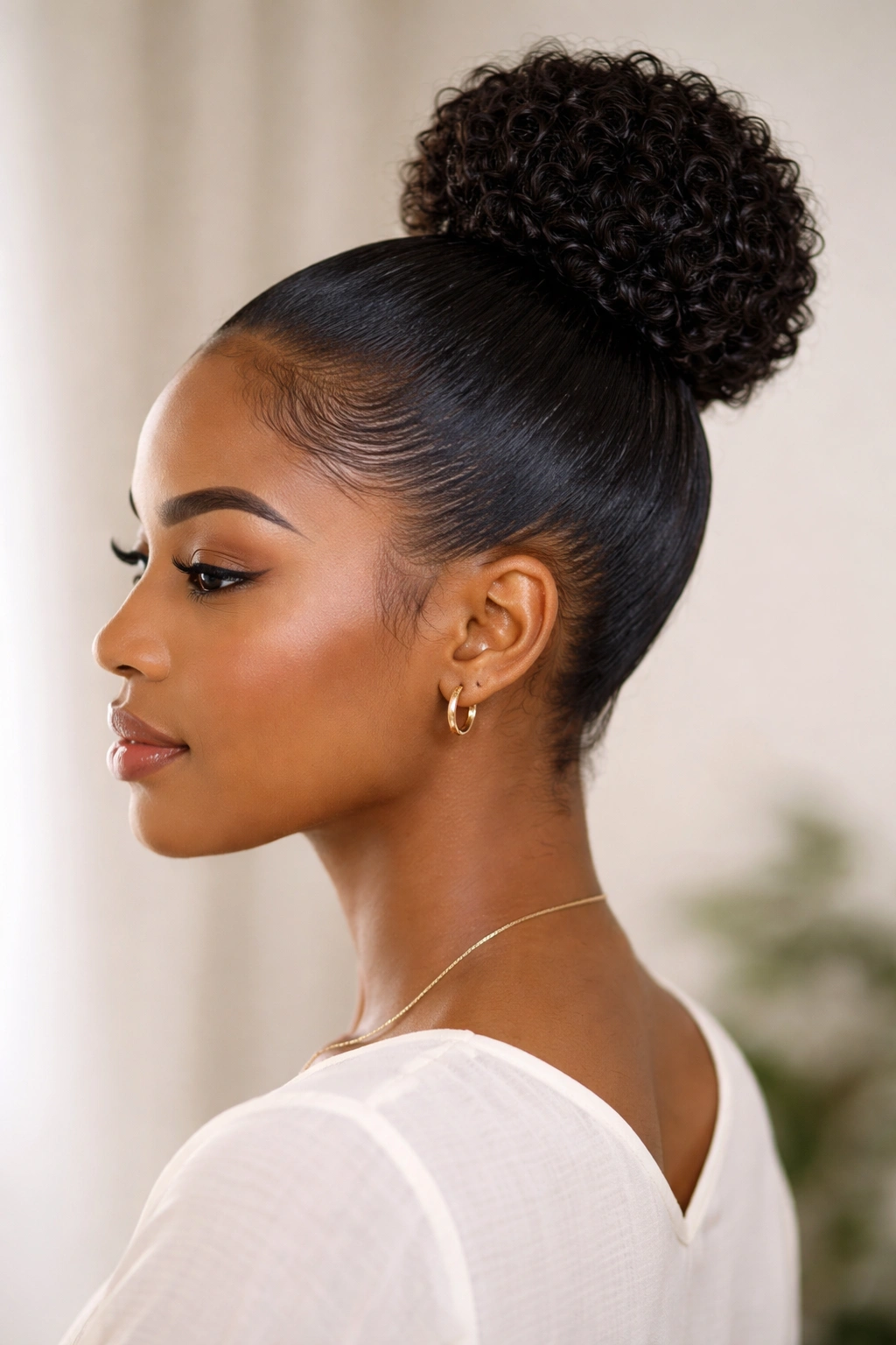 Close-up of a curly hairstyle featuring a slicked-back high bun and smooth edges