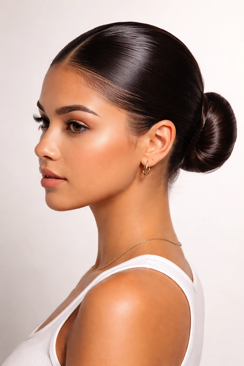 Close-up of Slicked-Back Low Bun with glossy, flat styling