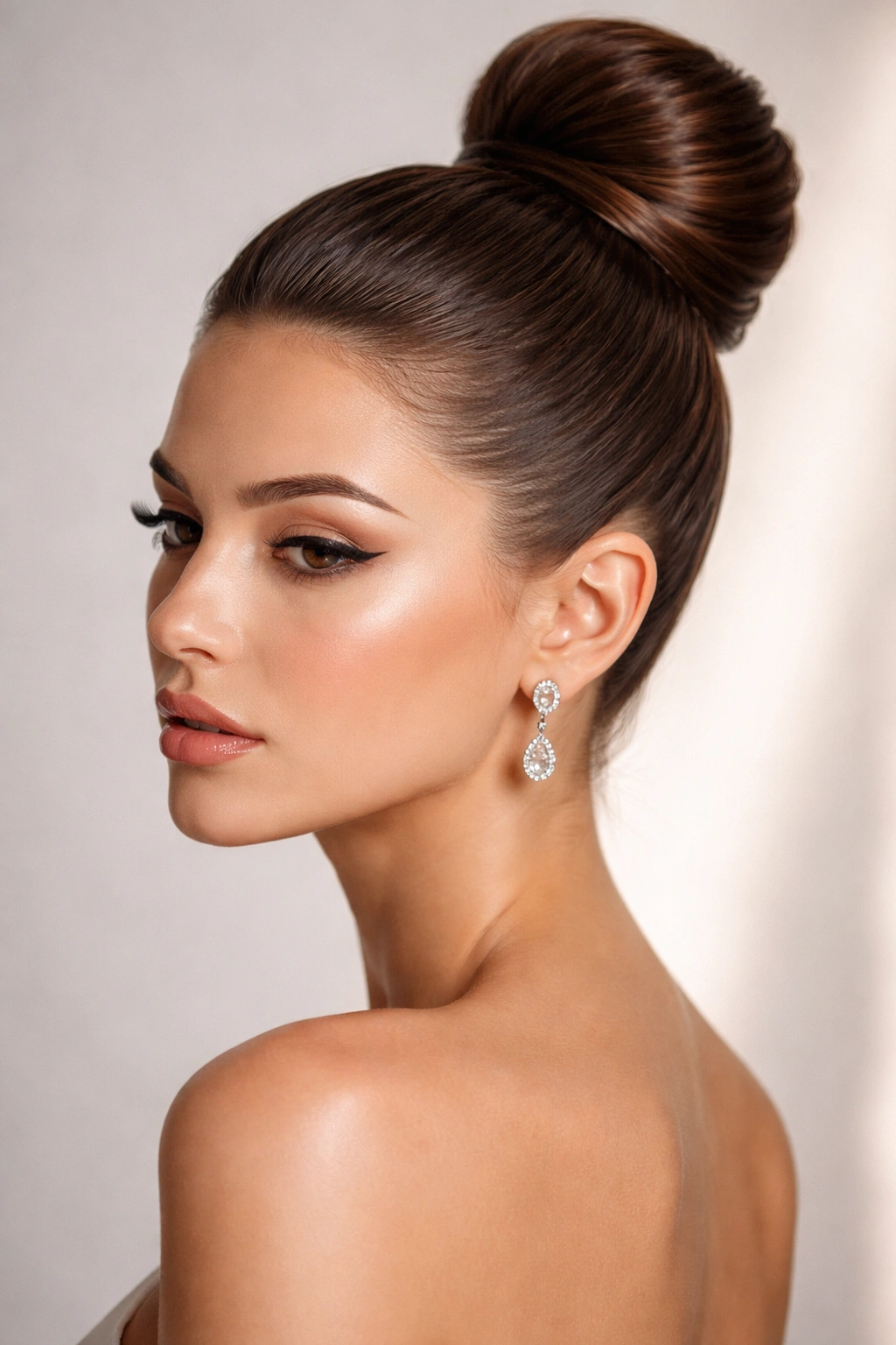 Slicked-back high bun with glossy finish