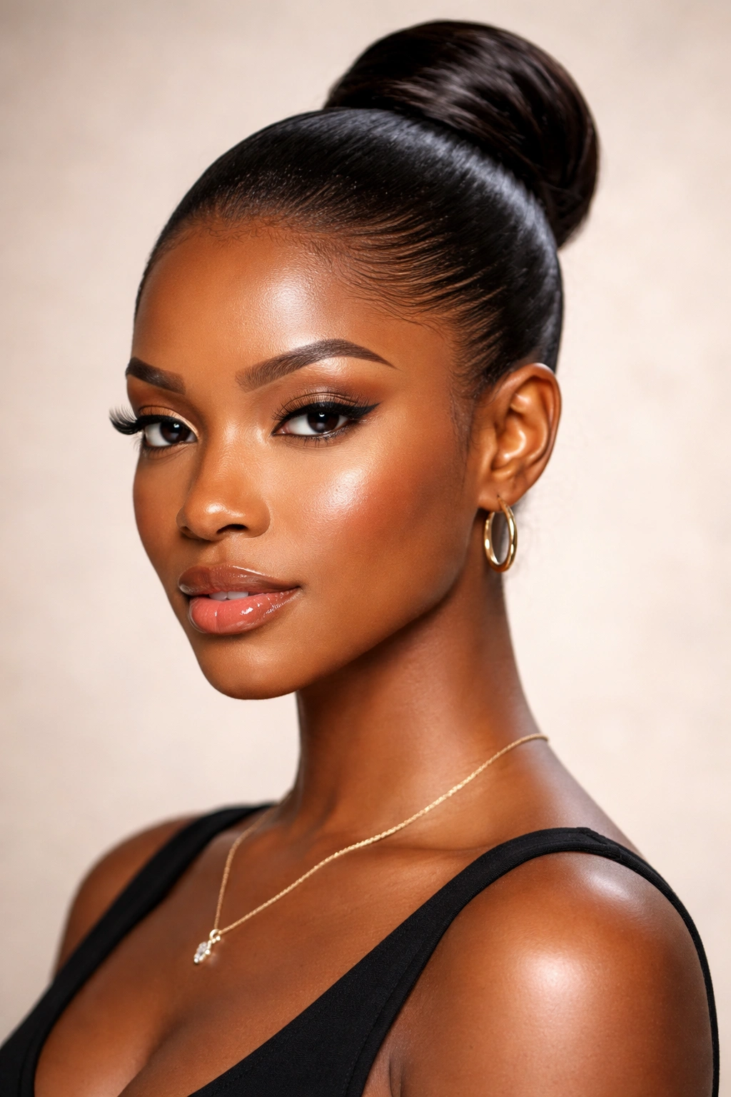 Close-up portrait of a Black woman with a glossy, tightly slicked-back bun
