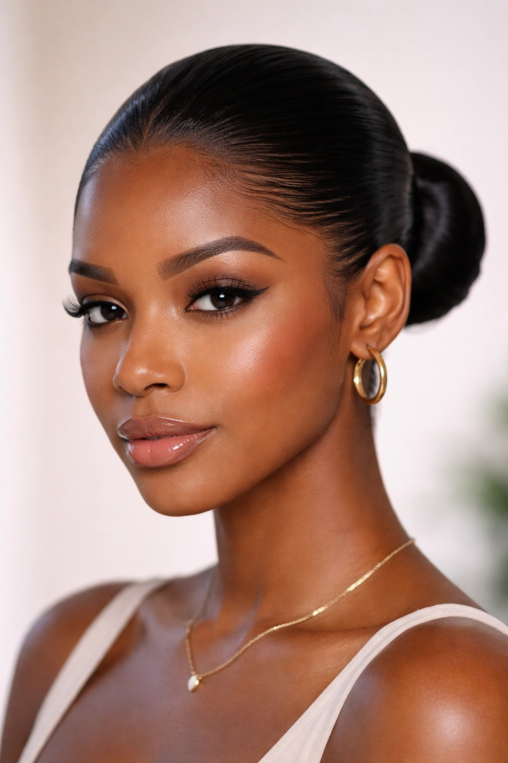 Slicked-back bun with ultra-smooth, glossy finish.