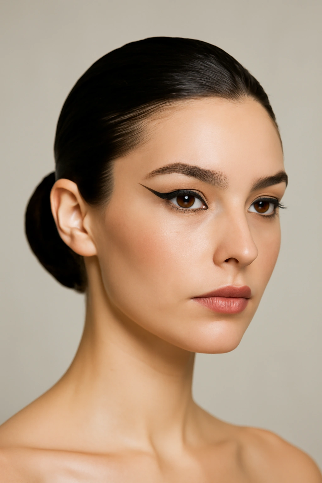 Slicked-back bun with bold graphic liner