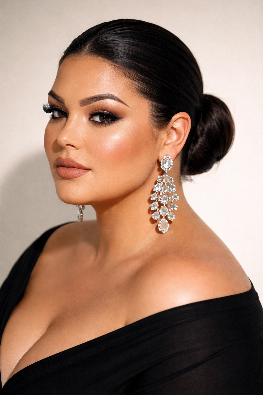 Plus-size woman with a slicked-back low bun and bold earrings