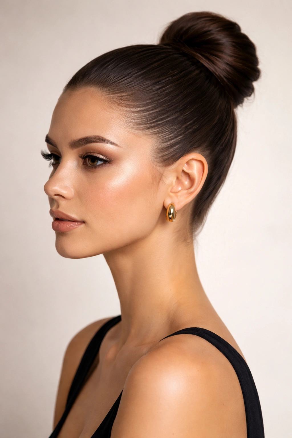 Close-up of a head with a sleek slicked-back high bun and smooth hair